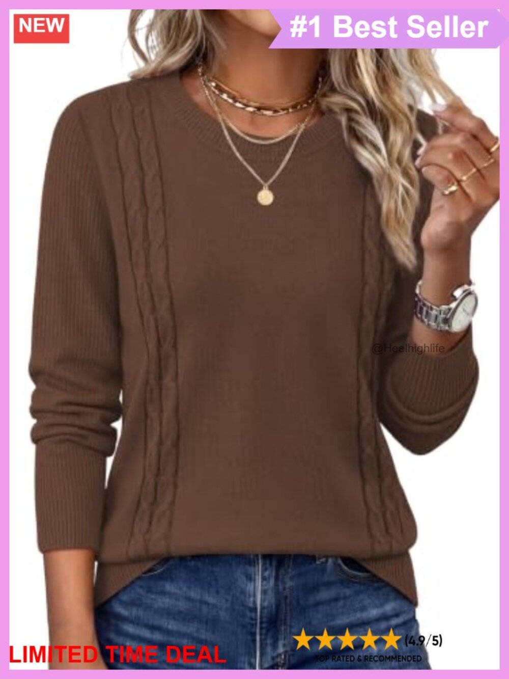 Womens Cable Knit Crewneck Pullover Sweater Long Sleeve Ribbed